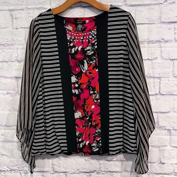 Alfani Women's Petite Embellished Angel-Sleeve Floral Striped Top‎ - Picture 1 of 6